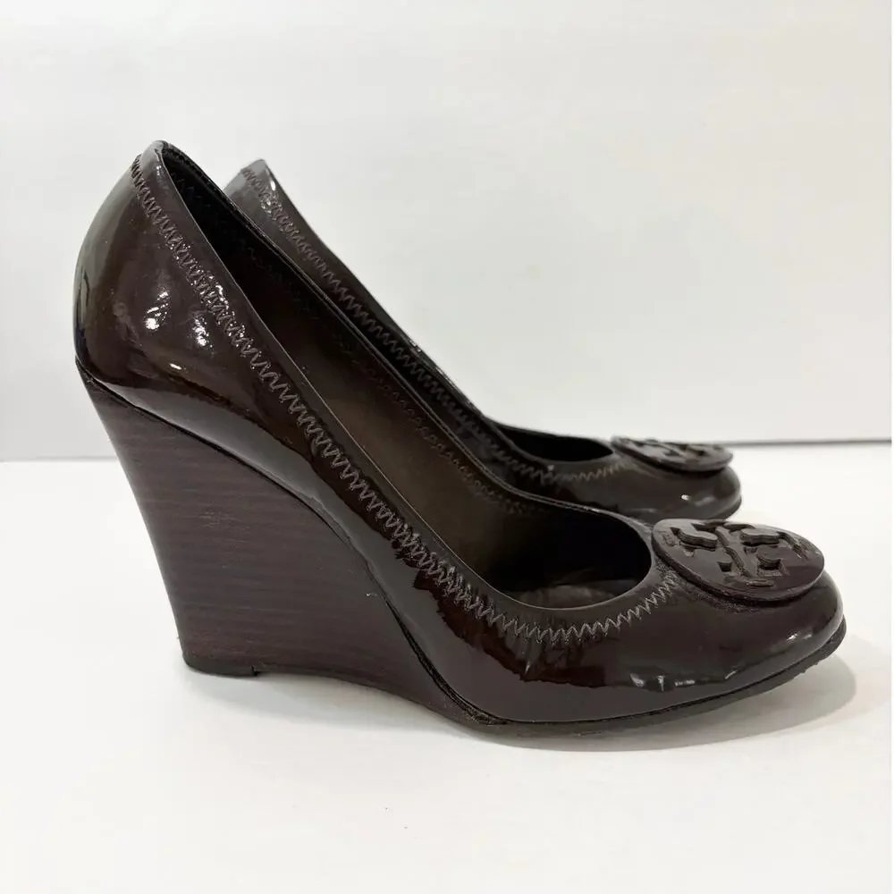 Tory Burch Brown Patent Leather Sally Wedge Pumps